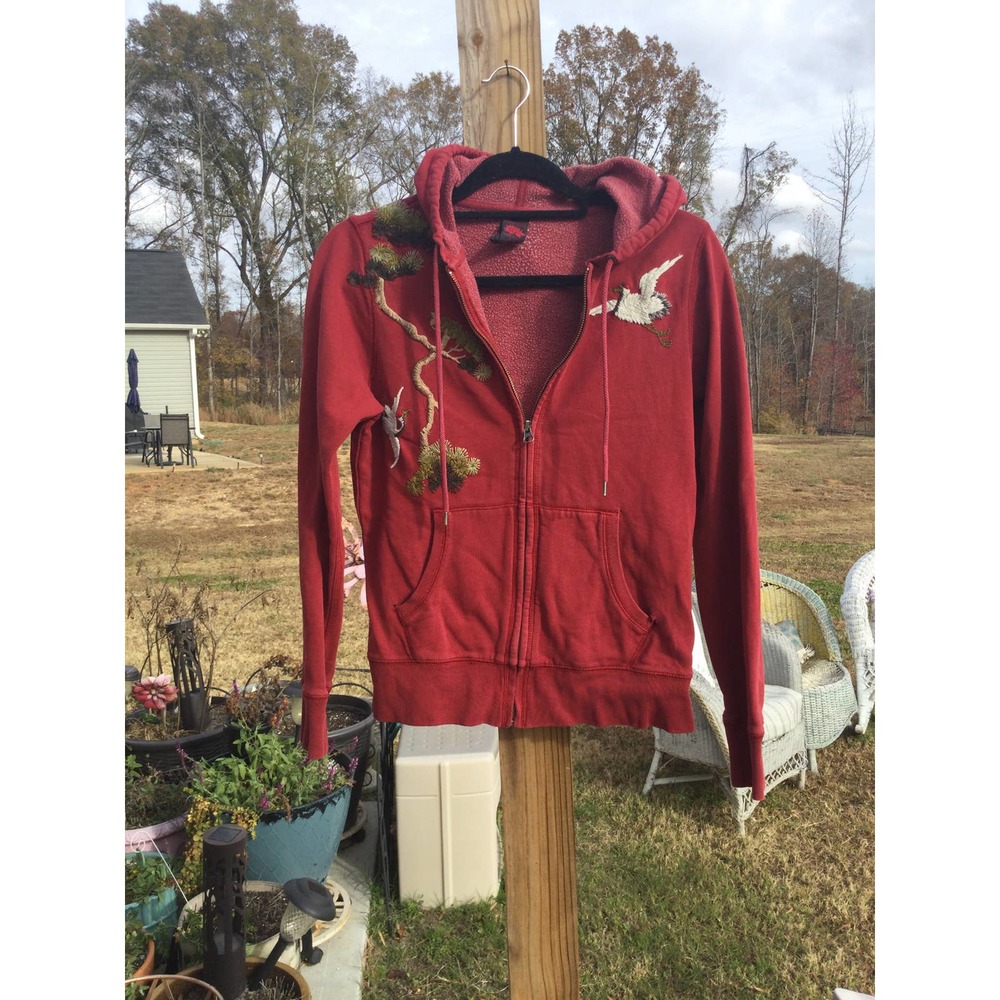 Vintage Lucky Brand womens zip up hoodie sweatshirt M embroidered red Y2K crane - Picture 1 of 12